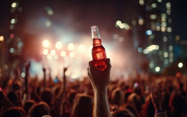 front view portrait photo of hand holding a bottle of beer in the middle of the fans crowd.