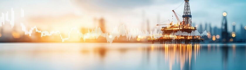 Fototapeta premium A modern offshore oil rig is illuminated at dusk, reflecting on calm water with a cityscape and data graphs in the background.