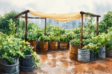 Rooftop garden with lush plants in wooden barrels, shaded by a canopy, overlooking a city skyline on a bright day.
