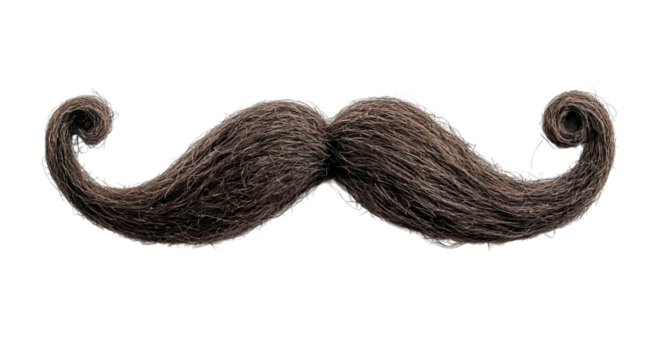 Png of A whimsical, curly brown mustache, playfully styled with exaggerated curves and a bushy appearance.