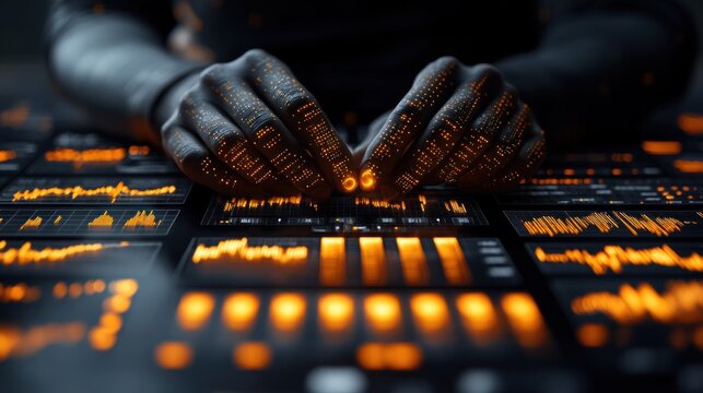 Hands with glowing code on a futuristic control panel.  Detailed close-up view of glowing data visualization and interactive interface