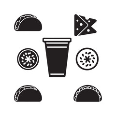 fast food icons set silhouette vector art design illustrations with taco cookie and drinks