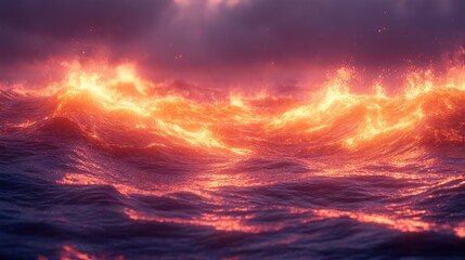Fiery waves of lava-like flames engulfing a dark sea.  Dramatic and intense display of burning water