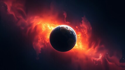 Naklejka premium A fiery red nebula dramatically surrounds a dark planet in the vast expanse of outer space, a cosmic scene of intense energy and beauty.