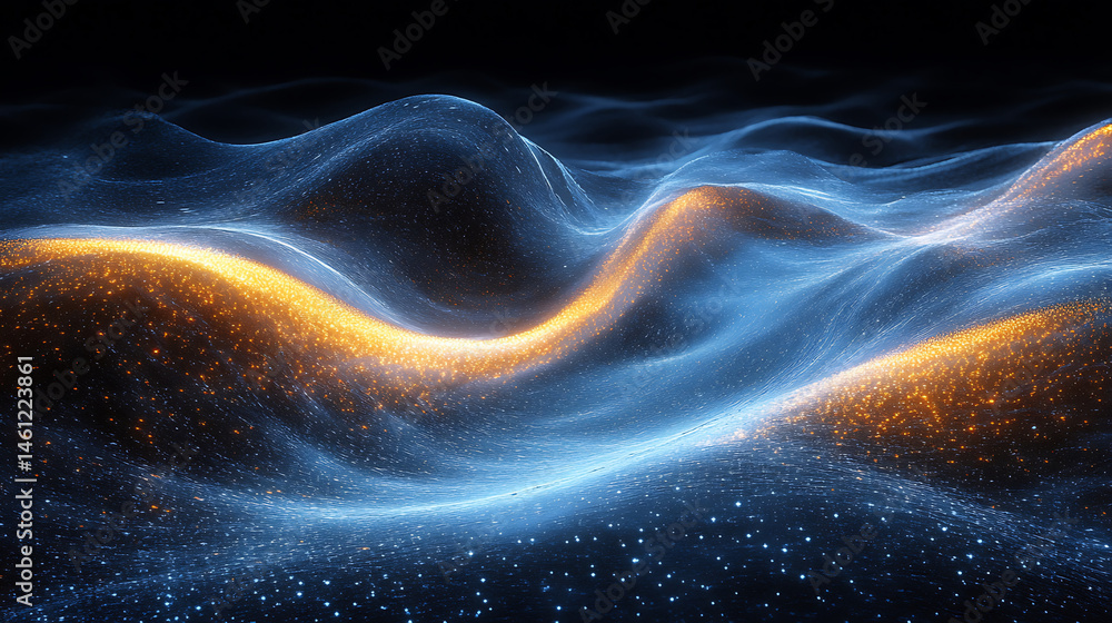 Aufkleber abstract glowing terrain with digital waves and sparkling particles on dark background