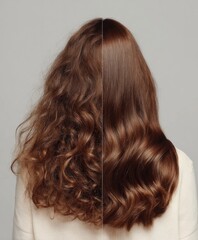 Fototapeta premium girl hair back of head, hair demonstration. On one side wavy curly hair dry and bad. on the other perfectly straight, straightened with a straightener, beautiful shiny hair