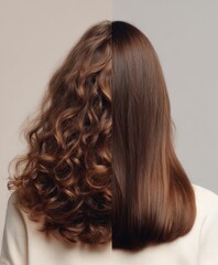 girl hair back of head, hair demonstration. On one side wavy curly hair dry and bad. on the other perfectly straight, straightened with a straightener, beautiful shiny hair