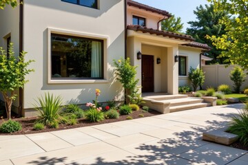 Fototapeta premium minimalist house exterior featuring beige travertine stone and a well maintained garden in natural light.