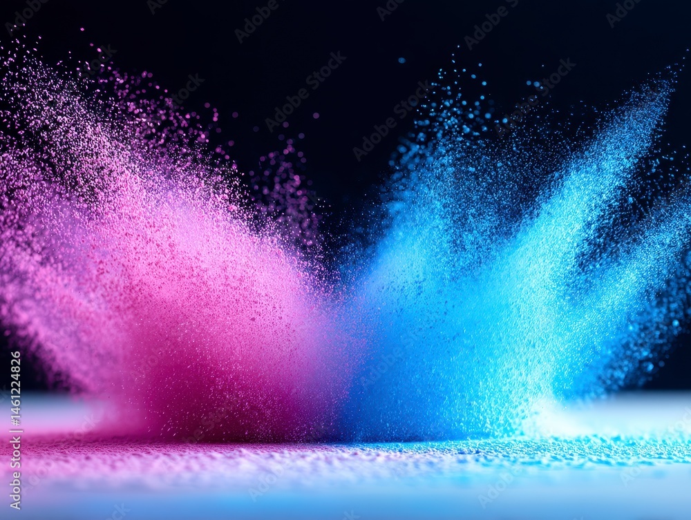 Poster ethereal particle explosion displaying the dance of magenta and cyan dust in a dreamlike realm