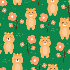 Seamless pattern cute cartoon bear with flower and leaves. cute animal pattern for wallpaper and background