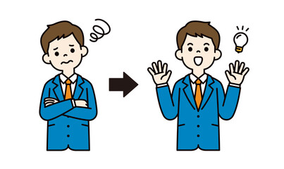 悩みを解消する方法を思いついた、若いビジネスマンのベクターイラスト素材＿線幅の編集可能＿カラー