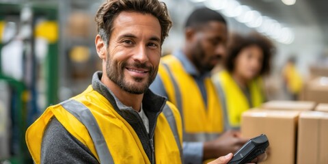 Handsome man, a worker wearing a yellow safety vest holding hold a scanner hin his hand and scan a box in a large warehouse with a team working behind him.