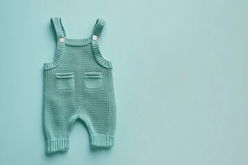 Knitted baby jumpsuit in a soft mint color on a plain background. Minimalistic composition from top to bottom, ideal for children's clothing stores, catalogs or online stores. Space for text. Banner
