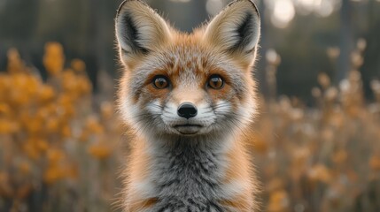 Naklejka premium Close-up of a fox in autumnal foliage, captivating gaze