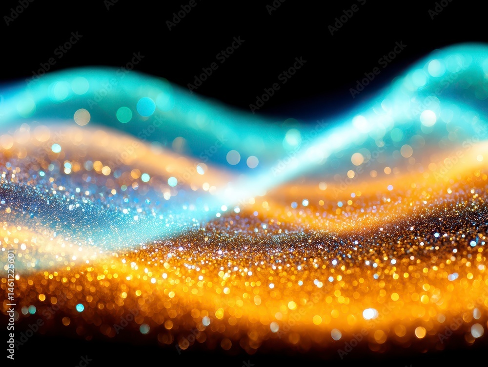 Poster ethereal wave of sparkling blue and gold abstract glitter background with bokeh effect and swirling 