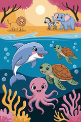 Cute marine animals swimming playfully in a colorful ocean scene  