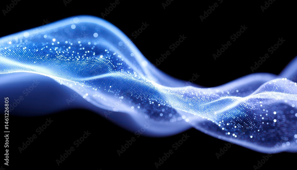 Poster flowing abstract digital wave data network background on black backdrop artistic innovation.
