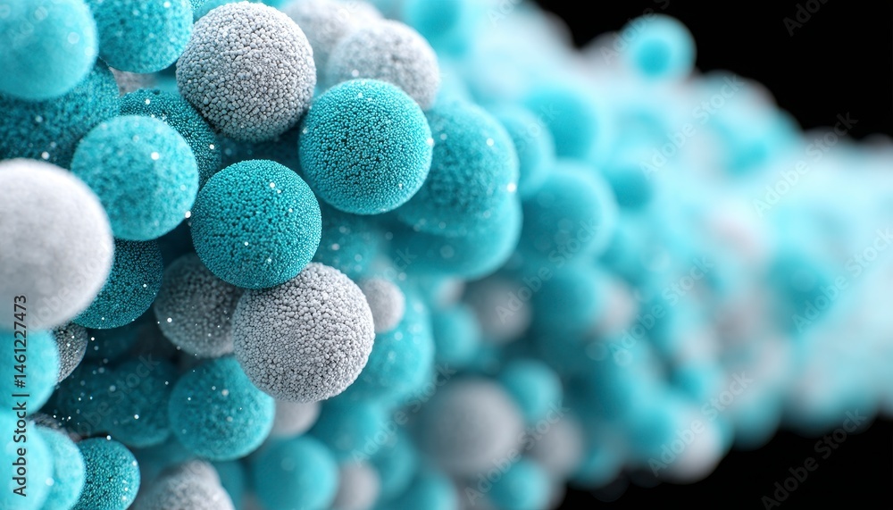Poster frosty spheres array a blizzard of cold blue and white fluffy textured circular orbs.