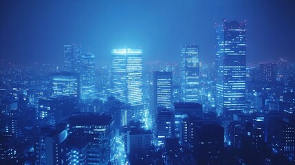 Fototapeta premium A mesmerizing aerial view of a modern city at night bathed in blue light showing tall buildings