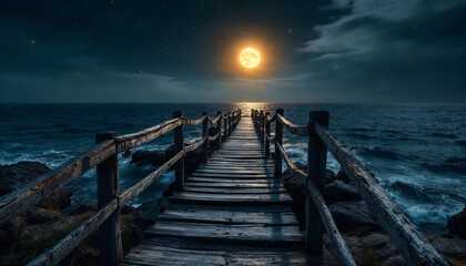 Fototapeta premium A serene night scene with a wooden pier extending into the ocean, illuminated by a full moon