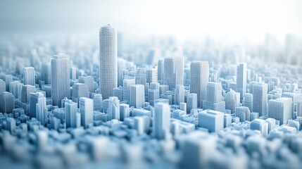 A miniature, monochromatic cityscape with detailed buildings in a dreamy, soft focus environment