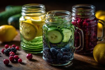 Fruit-infused water jars with lemon, cucumber, and berries on a wooden table 