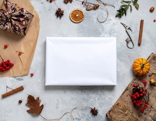 A white envelope adorned with vibrant autumn leaves and decorative elements, showcasing warm hues of orange, red, and gold, perfect for seasonal greetings.