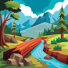 Tranquil mountain stream with log.