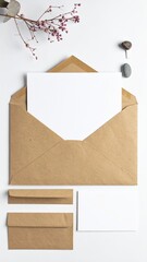 A pristine white envelope lies open, revealing two blank cards nestled inside, alongside a neatly unfolded letter, inviting personal messages.