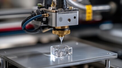 Fototapeta premium A 3D printer precisely fabricates a transparent object layer by layer using advanced additive manufacturing technology.