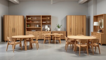 Fototapeta premium furniture arrangement with wooden tables and cabinets, showcasing minimalistic and natural design styles.