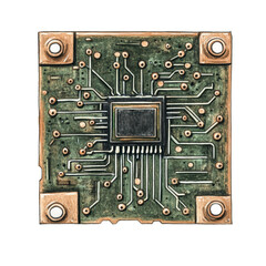 Fototapeta premium Microchip circuit board with copper traces and connection points, cut out - stock png.