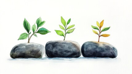 Three saplings growing on dark gray stones with watercolor texture.