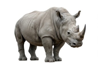 Obraz premium Rhino standing isolated on white background, showcasing its powerful build and horns