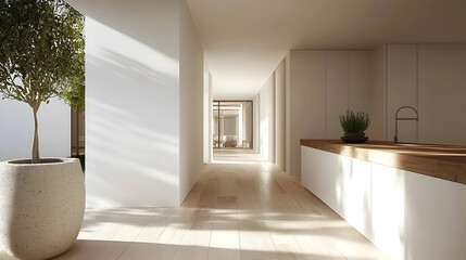 Modern Interior Hallway With Sunlight And Plants