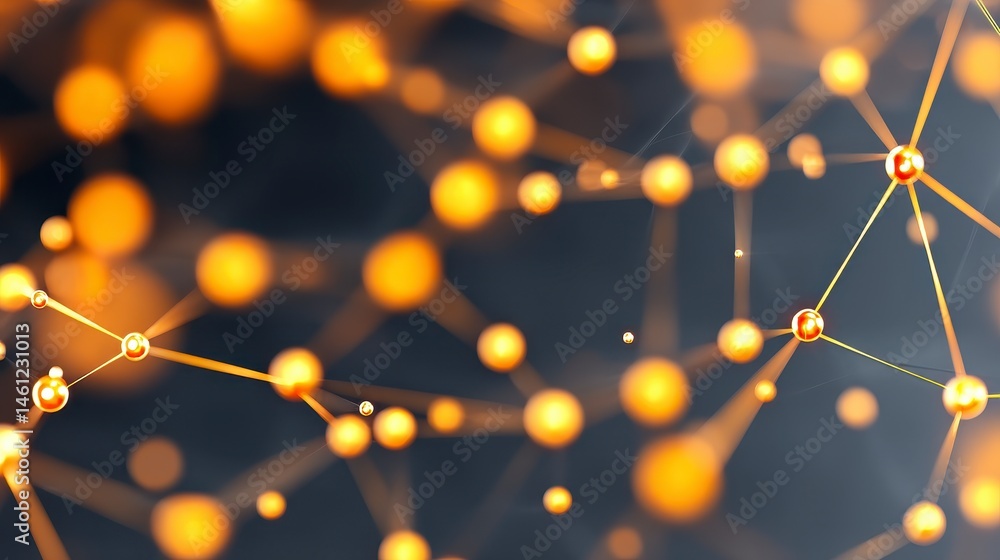Poster interconnected golden spheres with network of lines on dark background abstract illustration.