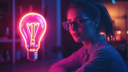 A financial planner presenting investment ideas, with a neon lightbulb hologram beside them 