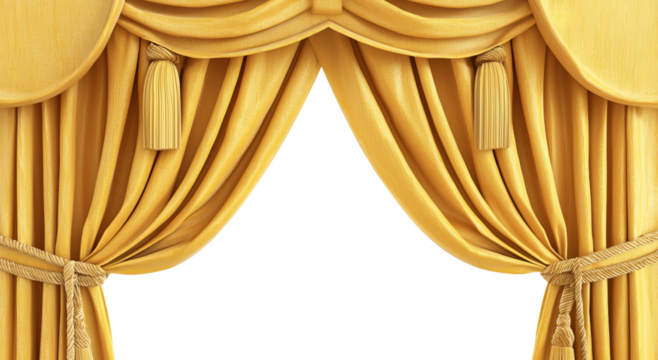Png of Elegant golden curtains with tassels, exuding a luxurious and theatrical atmosphere.