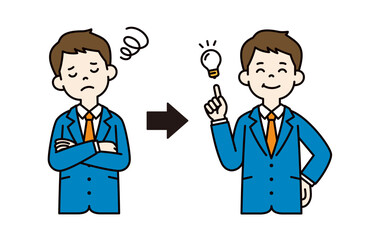 困ったを安心に変える、若いビジネスマンのベクターイラスト素材＿線幅の編集可能＿カラー