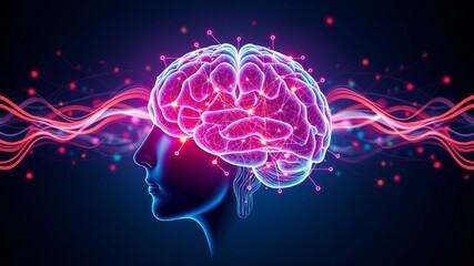 A vibrant illustration depicts a human brain emitting energy waves, symbolizing neural activity and cognitive processes in a digital art style.