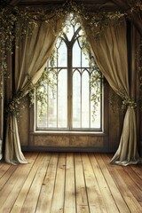 Rustic, draped window with sunlight.  Wooden floor and foliage