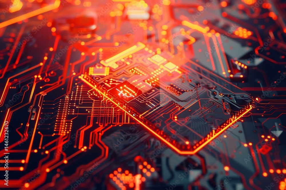 Poster glowing electronic pathways in a modern computer circuit board design