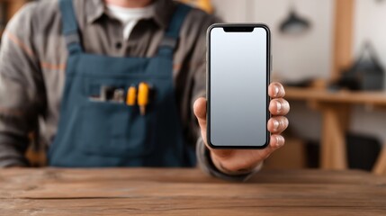 Mockup image of a Blue-Collar Worker holding and using mobile phone with blank desktop screen
