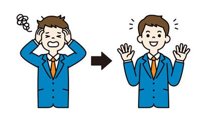 失敗を解決して喜ぶ、若いビジネスマンのベクターイラスト素材＿線幅の編集可能＿カラー	