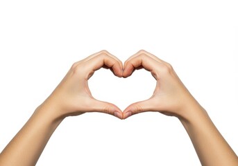 Hands forming heart shape against white background, symbol of love and affection
