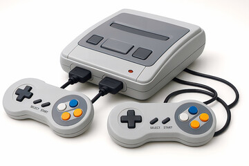 Retro Game Console with Dual Wired Controllers – 90s Classic Gaming Setup on White Background