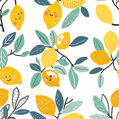 Seamless pattern with cute smiling lemons hanging on branches with leaves, ideal for creating fabrics, wrapping paper, wallpapers, and backgrounds for various projects