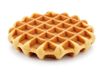 Close up of a single round waffle on a white surface
