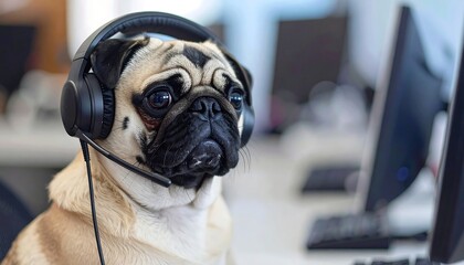 Pug Dog Wearing Headset at Office Desk