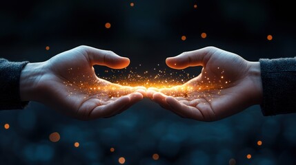 Two hands gently holding a luminous, golden spark between them, bathed in a dark, ethereal glow